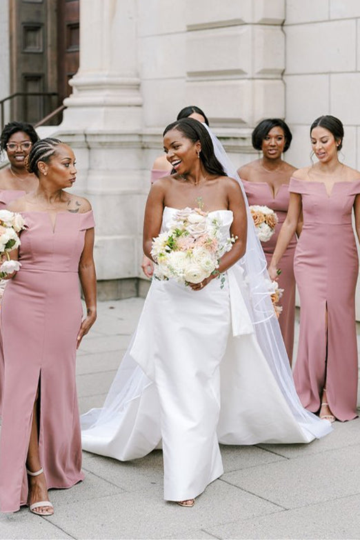 Light shops pink off the shoulder bridesmaid dress