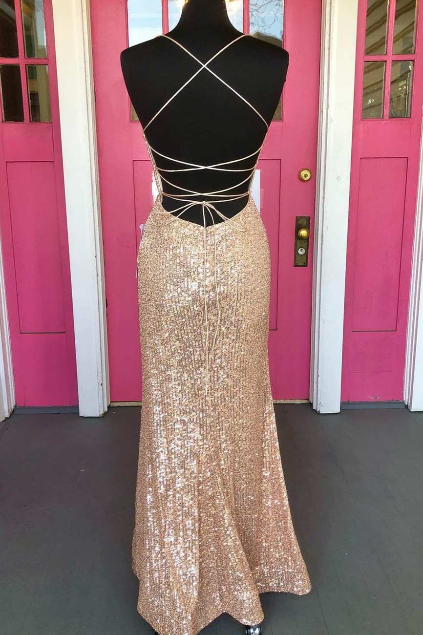 Tight Rose Gold Sequined Long Party Dress – FancyVestido