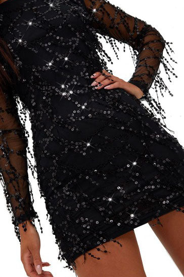 Long Sleeves Sequins Black Short Party Dress – FancyVestido