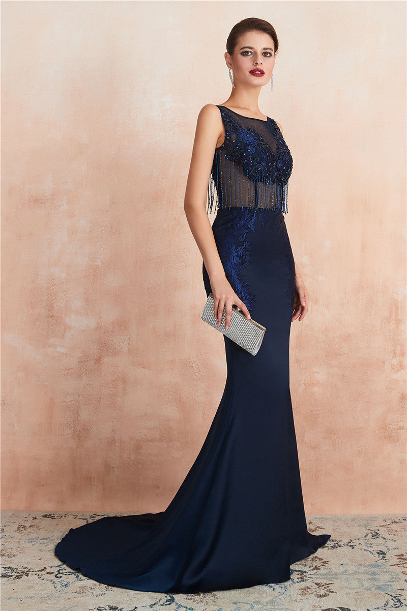 See-Through Tassel Mermaid Evening Dress with Beading