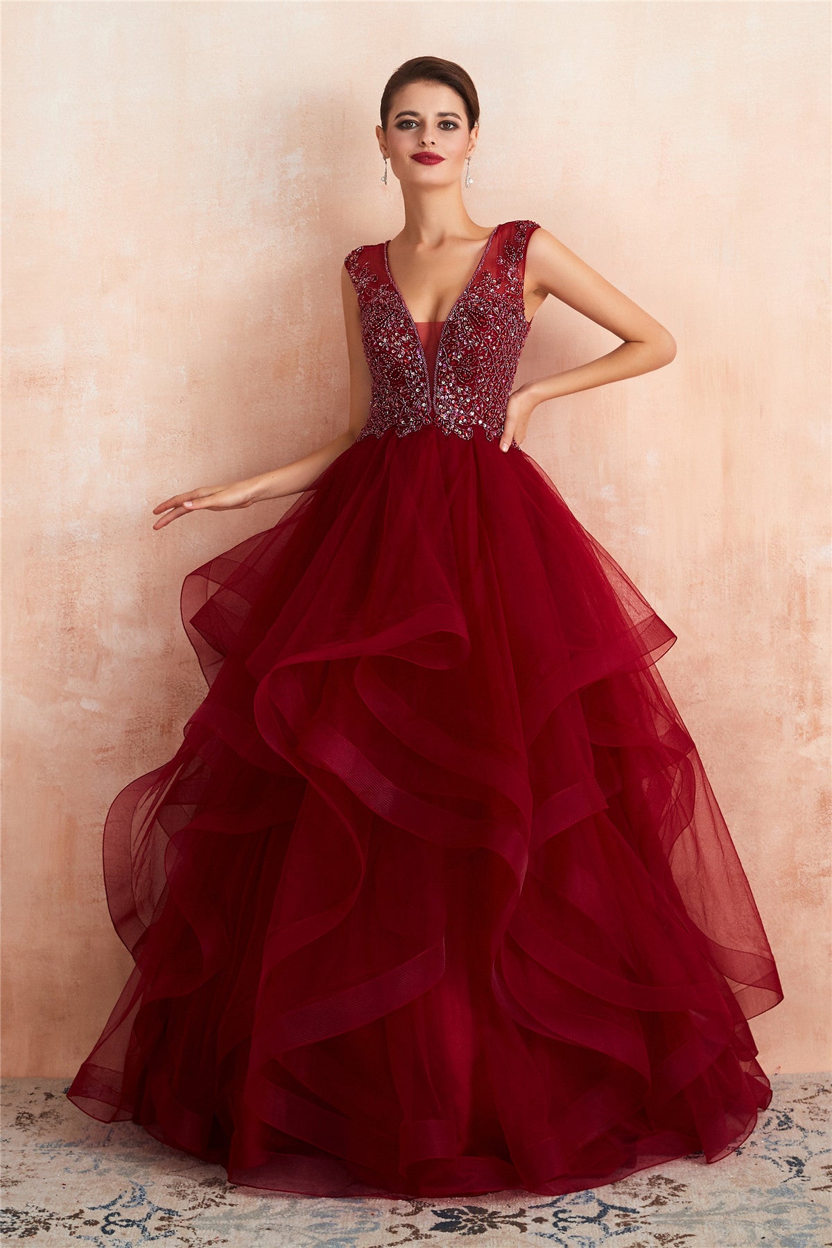 Gorgeous Beading Burgundy Prom Dress with Cascading Ruffles FancyVestido