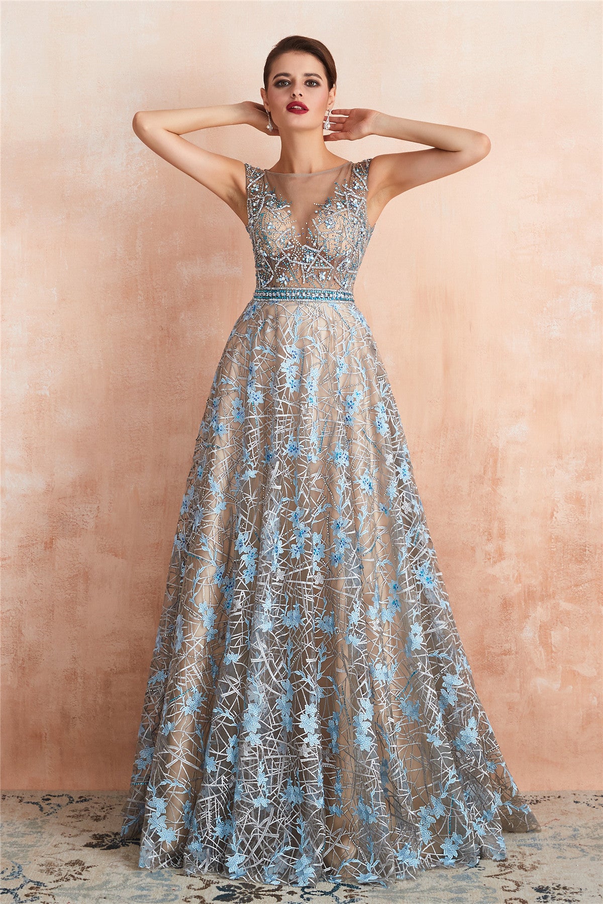 Sexy Sheer Floral Long Prom Dress with Crystals – FancyVestido