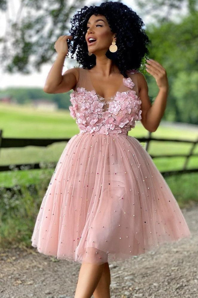 Princess A-Line Pink Beaded Homecoming Dress with Flowers