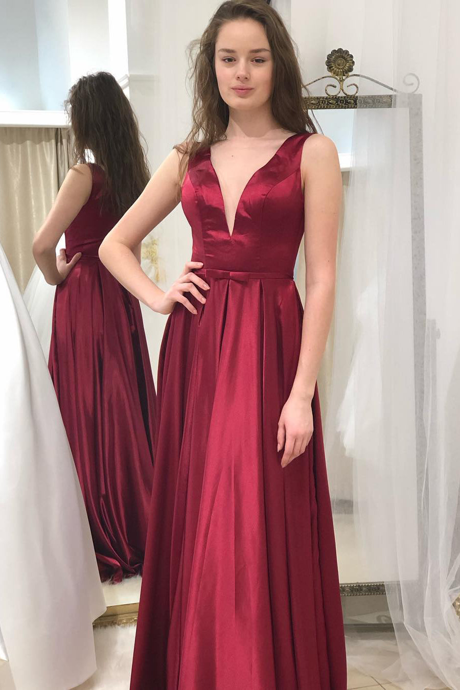 Simple A-Line V-Neck Burgundy Long Prom Dress