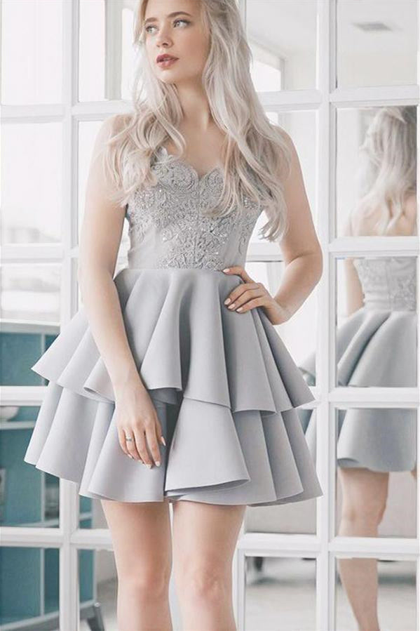 Cute Light Grey Tiered Short Homecoming Dress