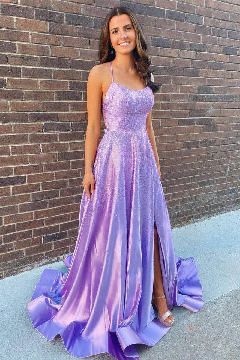 Elegant Lilac High Slit Long Prom Dress with Rhinestones – FancyVestido