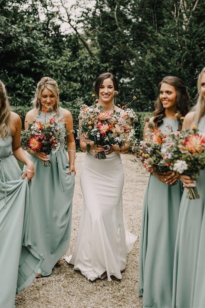 Crew Neck A-Line Sage Green Long Bridesmaid Dress – FancyVestido