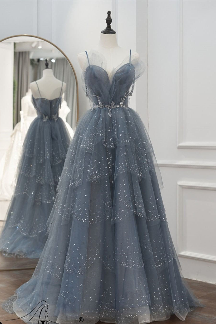 A Line Princess Dusty Blue Beaded Long Formal Dress