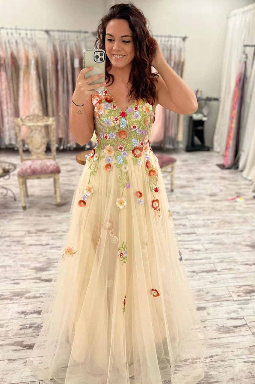 Gorgeous V Neck Floral Long Formal Dress with Embroidery