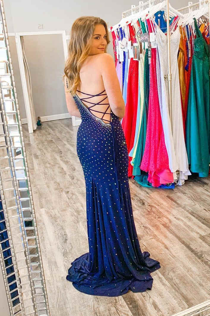 Stunning Navy Blue Long Prom Dress with Rhinestones – FancyVestido