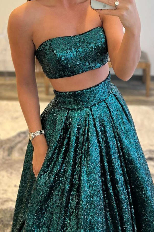 Emerald Green Sequins Two Piece Prom Dress with Pockets US 0 Gold