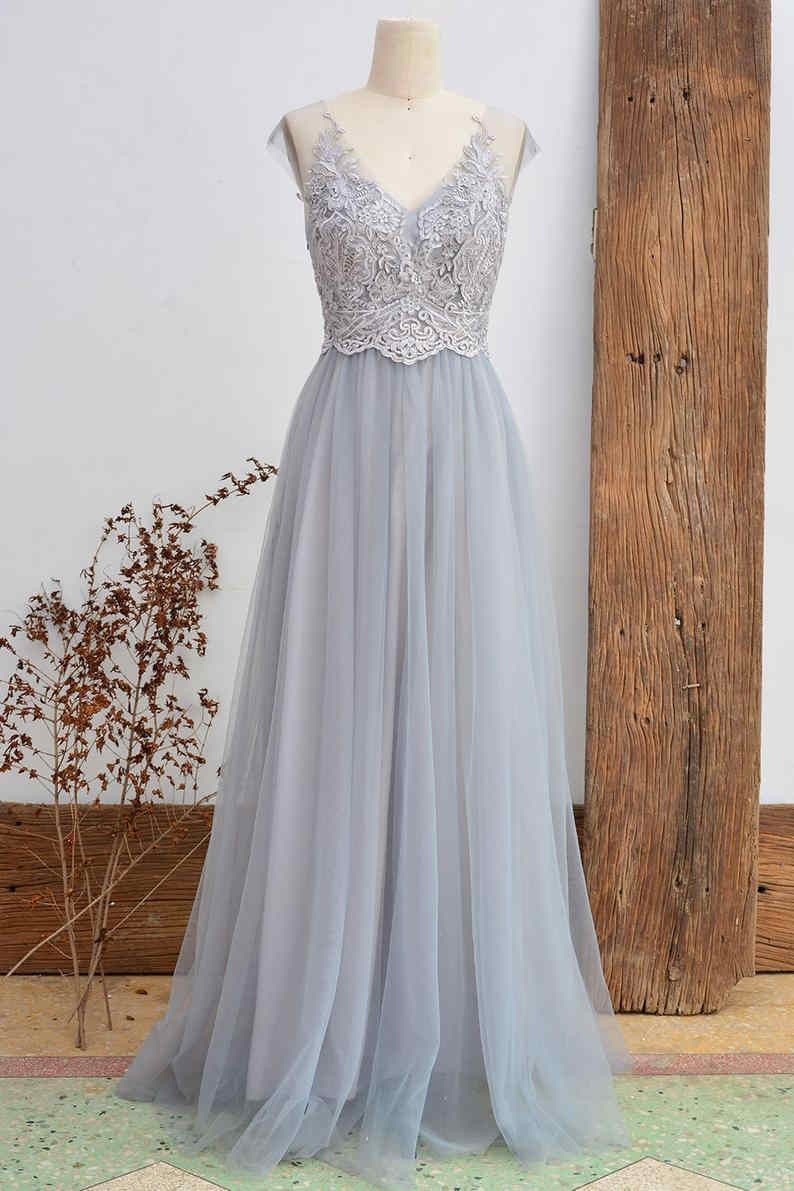 Short Sleeved Light Grey Appliqued Bridesmaid Dress