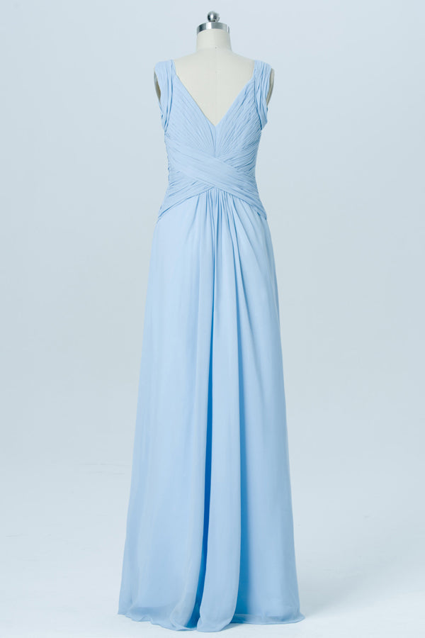 Modest Pleated Straps Backless Light Blue Bridesmaid Dress