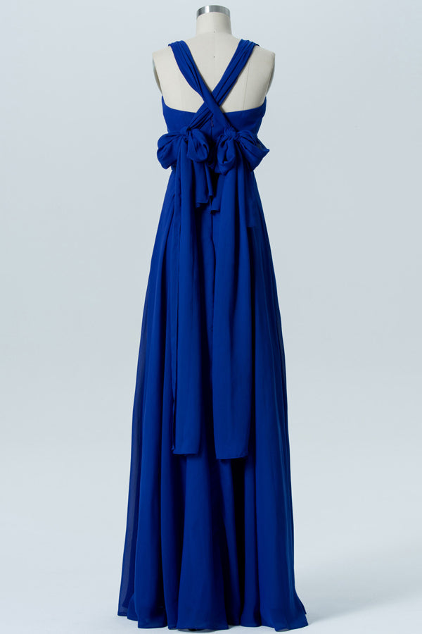 Straps Royal Blue Pleated Long Bridesmaid Dress