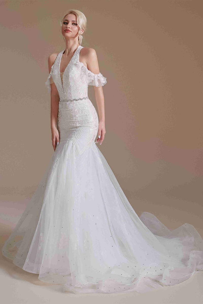 Halter White Lace Mermaid Wedding Dress with Detachable Sleeves