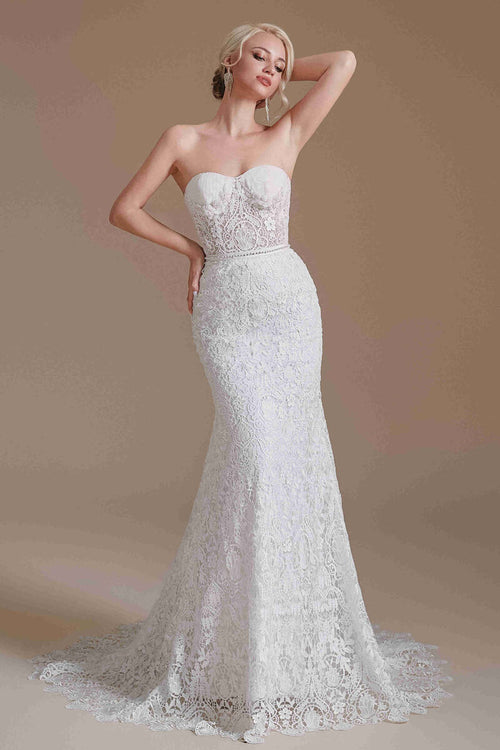 Long Spaghetti Straps Mermaid White Wedding Dress with Beads – FancyVestido