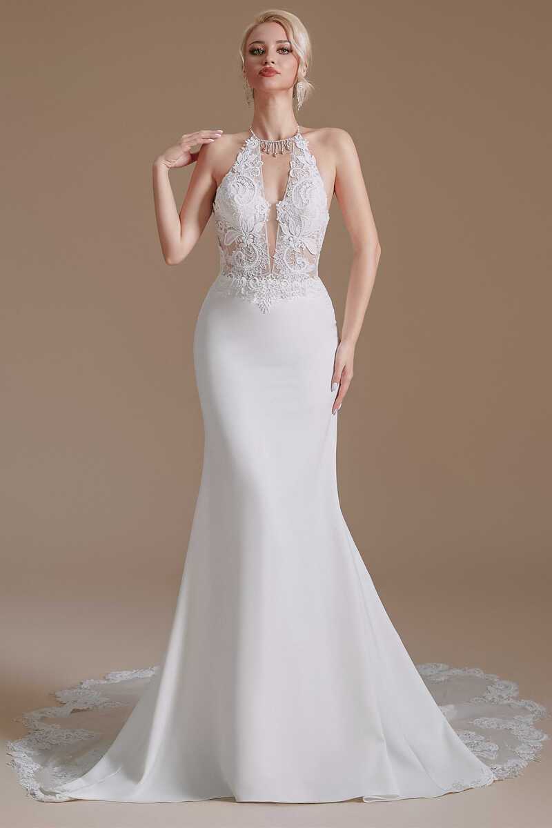 Plunging Halter White Lace Mermaid Wedding Dress