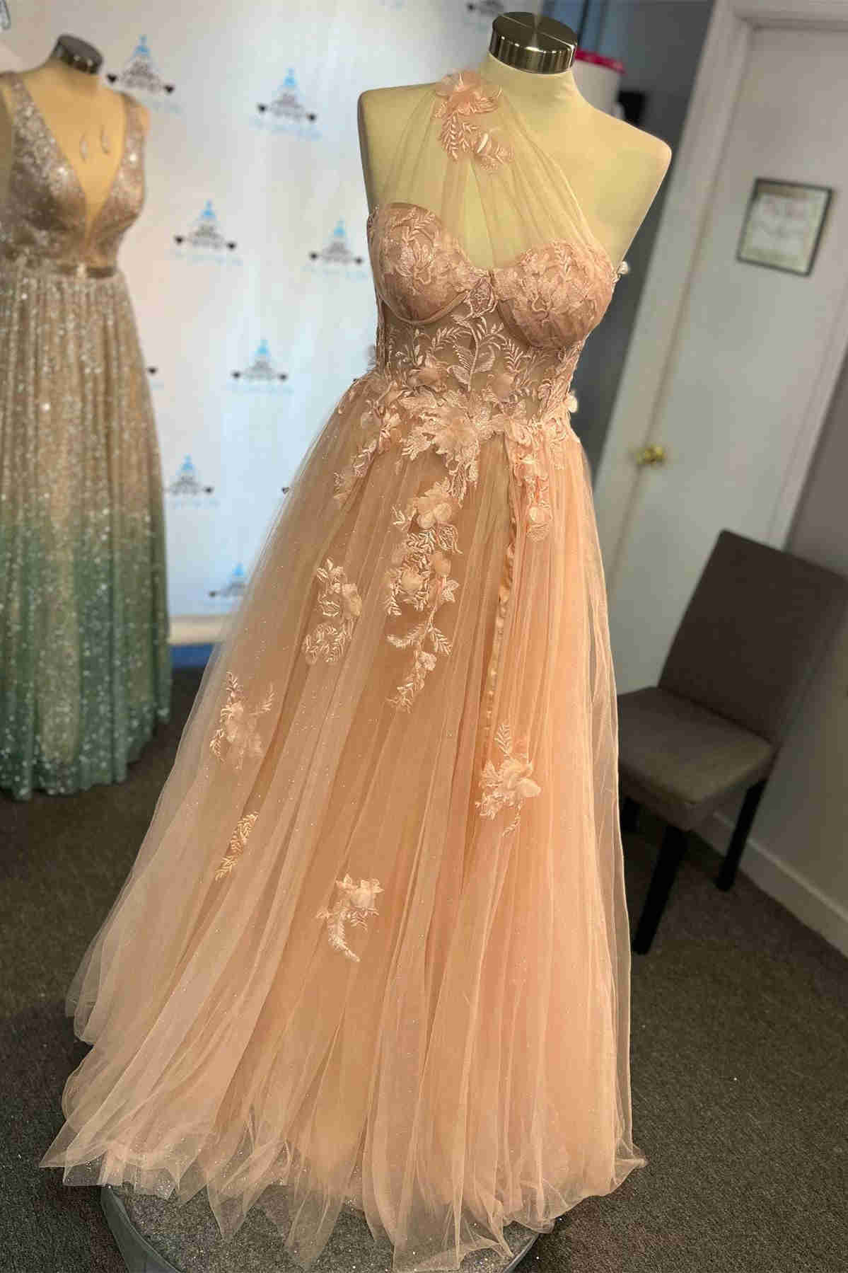 champagne pink prom dress