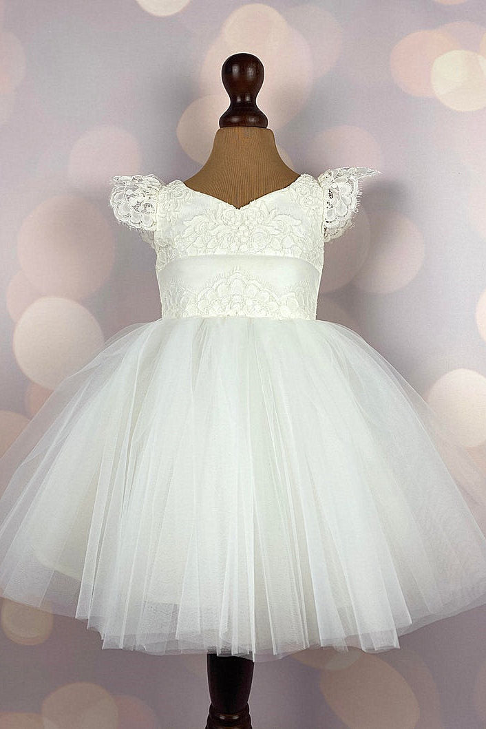 Lace Top V-Neck Ivory Flower Girl Dress