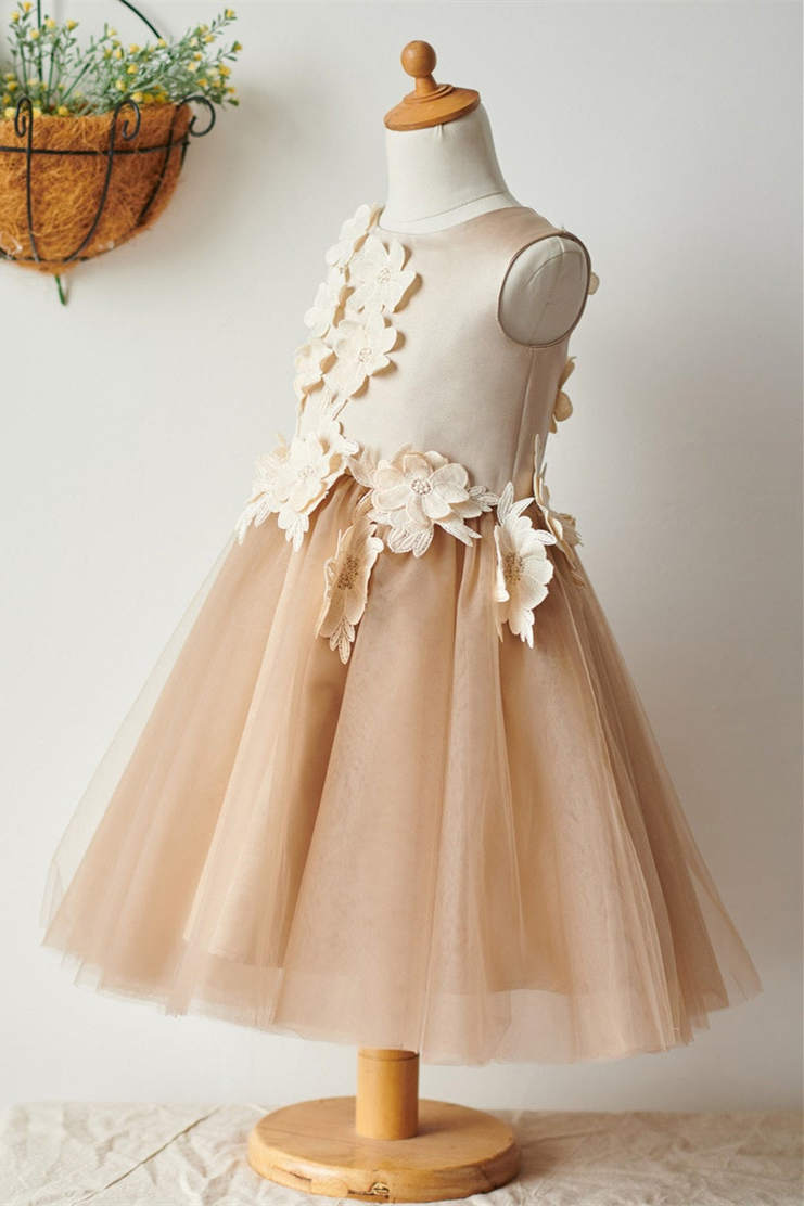 A-Line Champagne Flower Girl Dress with Flowers