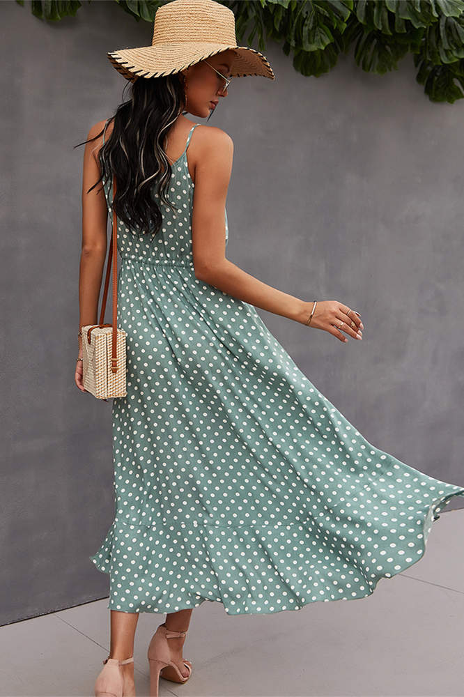 Summer Straps Green Dress with Polka Dots – FancyVestido