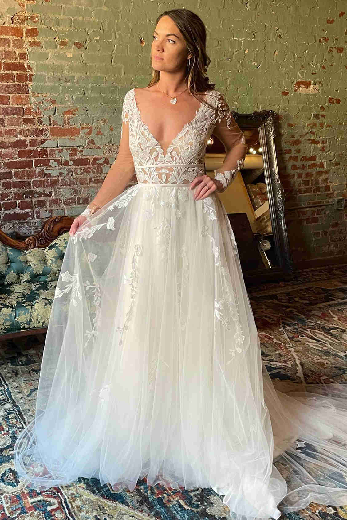 Deep v neck lace wedding dress best sale