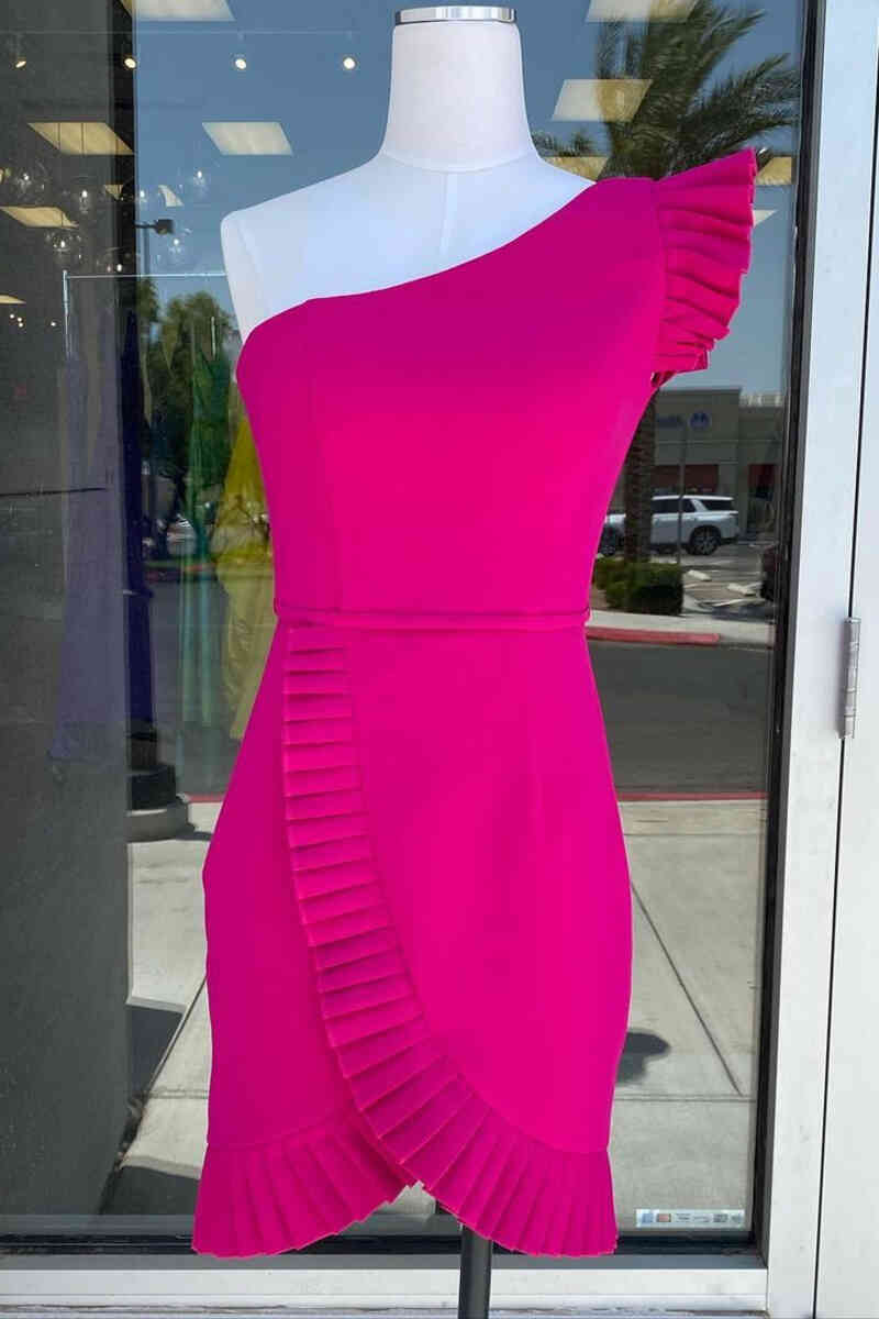 Ruffle Sleeve Fuchsia One Shoulder Homecoming Dress