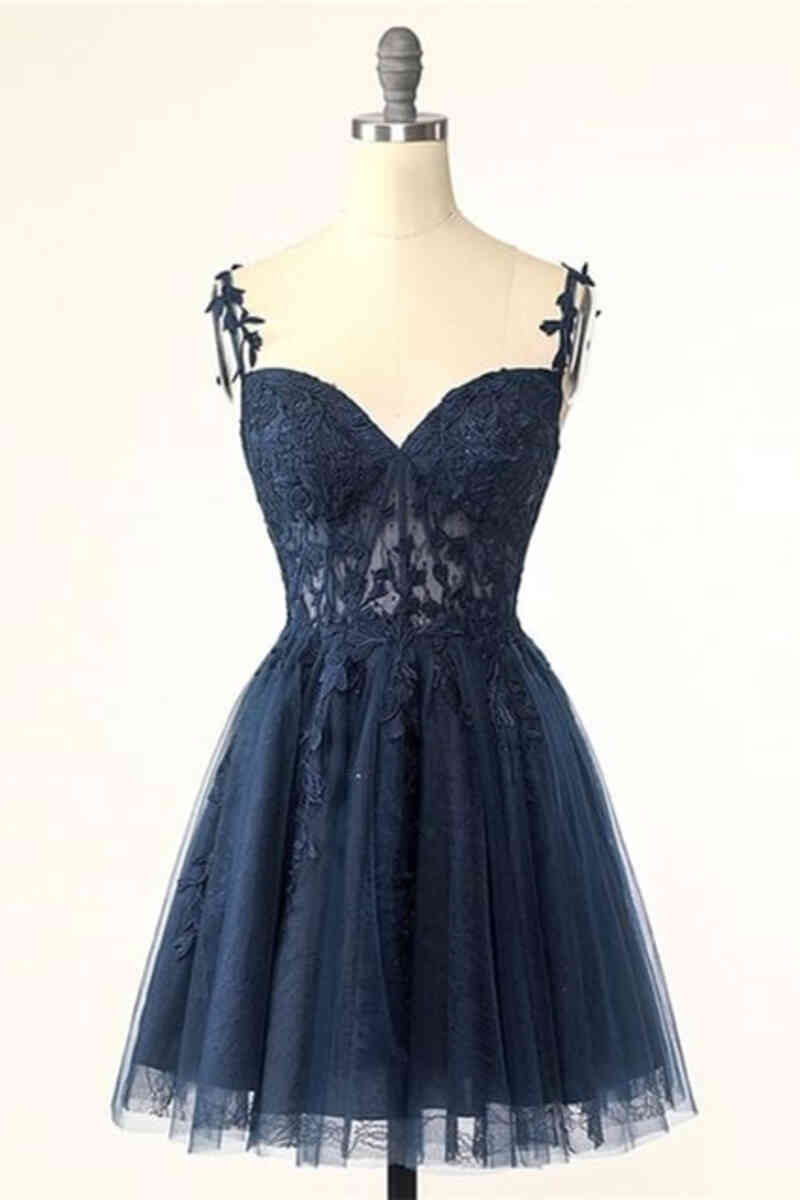 Straps A-Line Navy Lace Appliques Short Party Dress