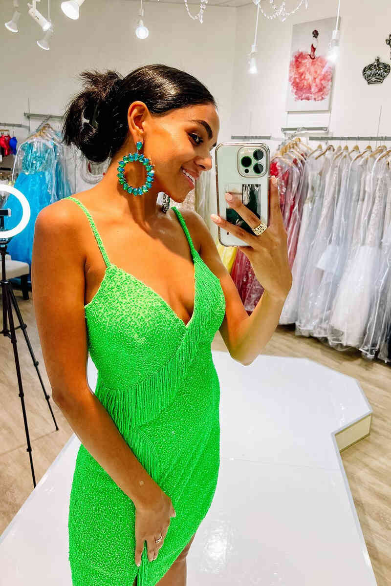 Neon Green Straps Tight Homecoming Dress with Tassel FancyVestido