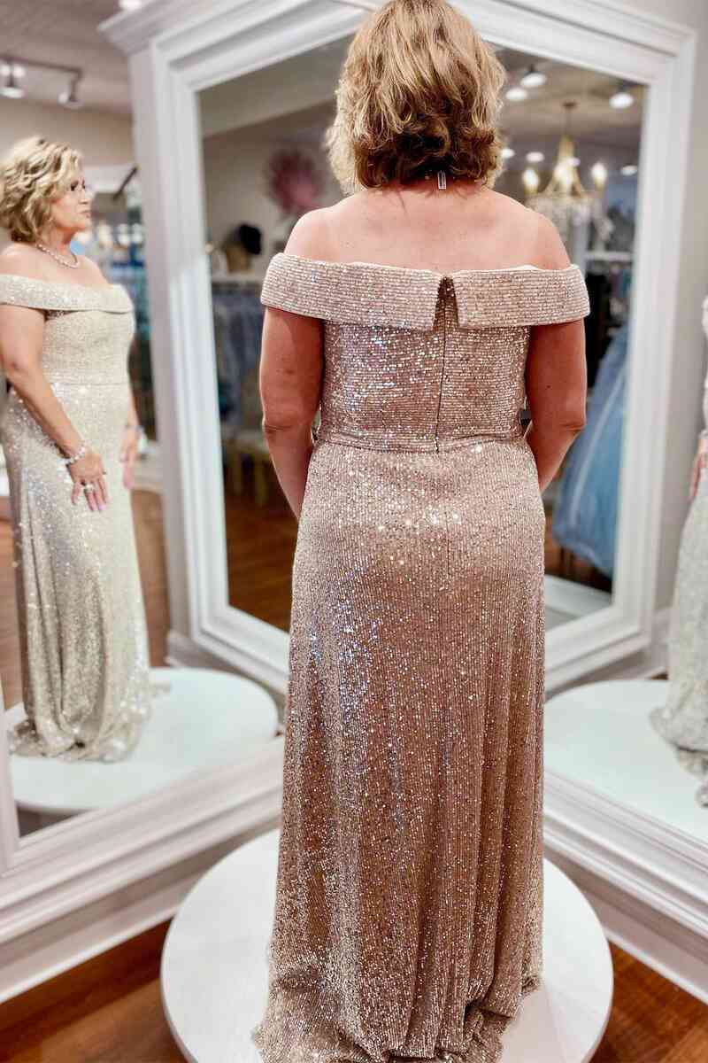 Off the Shoulder Rose Gold Sequins Mother of Bride Dress – FancyVestido