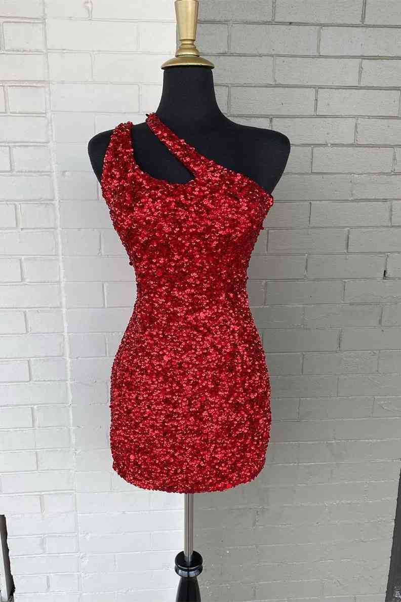 This tight short homecoming dress features hater neckline and sequins ...