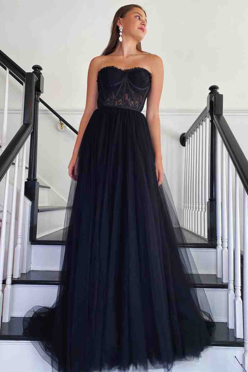 Sweetheart Black Corset Lace Tulle Long Prom Dress