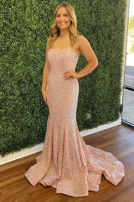 Iridescent Pink Sequin Strapless Mermaid Long Prom Dress with Slit