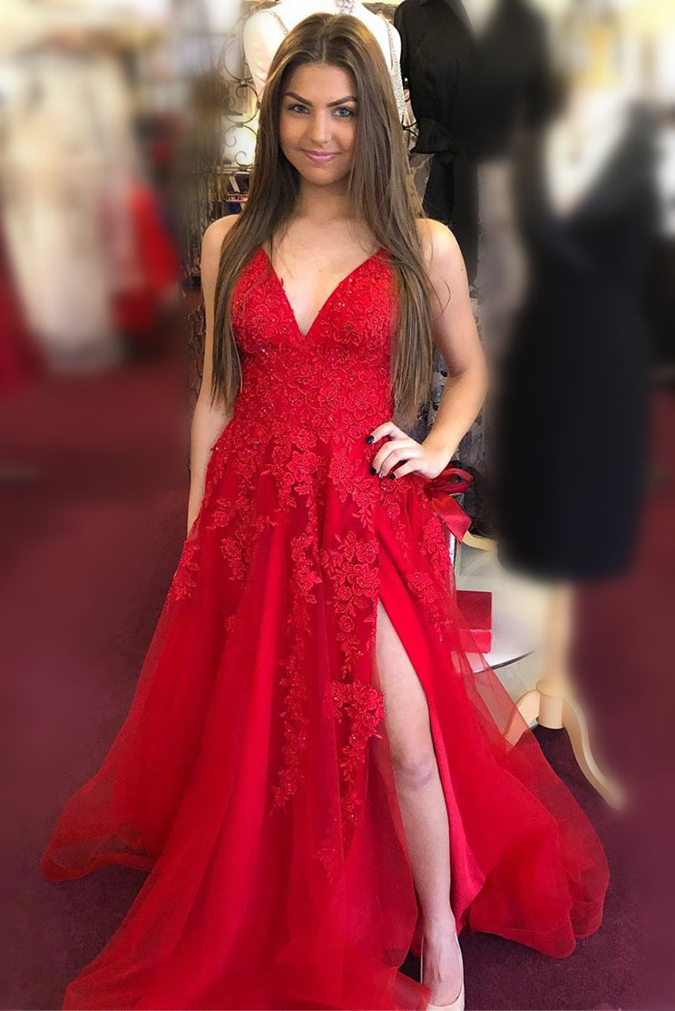 A Line V Neck Red Tulle Applique Long Prom Dress with Slit Red US 6