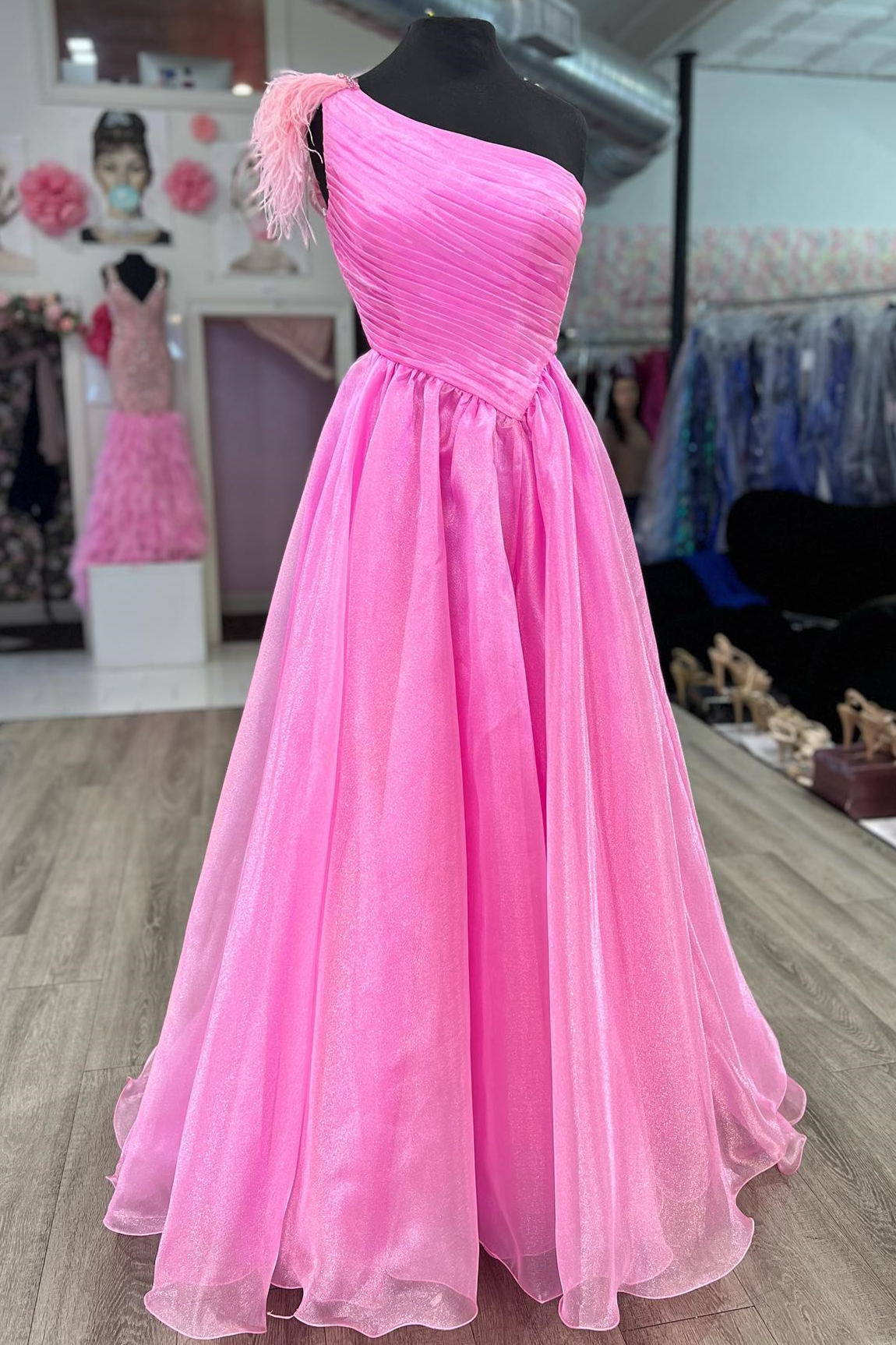 Hot Pink A-line One Shoulder Pleated Long Prom Dress with Feathers