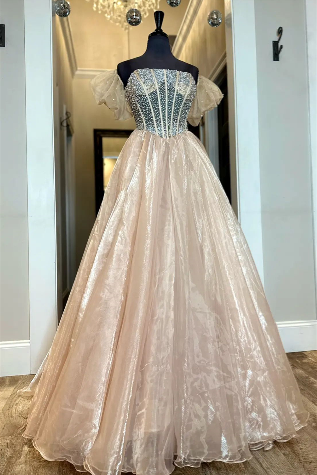 Blush Pink Puff Off-the-Shoulder Beaded Organza Long Prom Dress