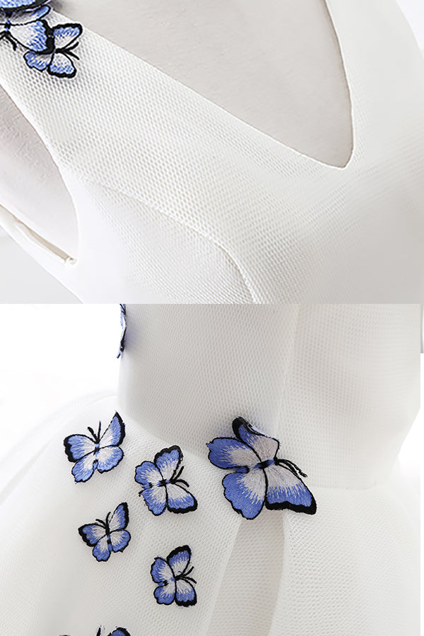 A Line Short White Prom Dresses With Butterfly Appliques