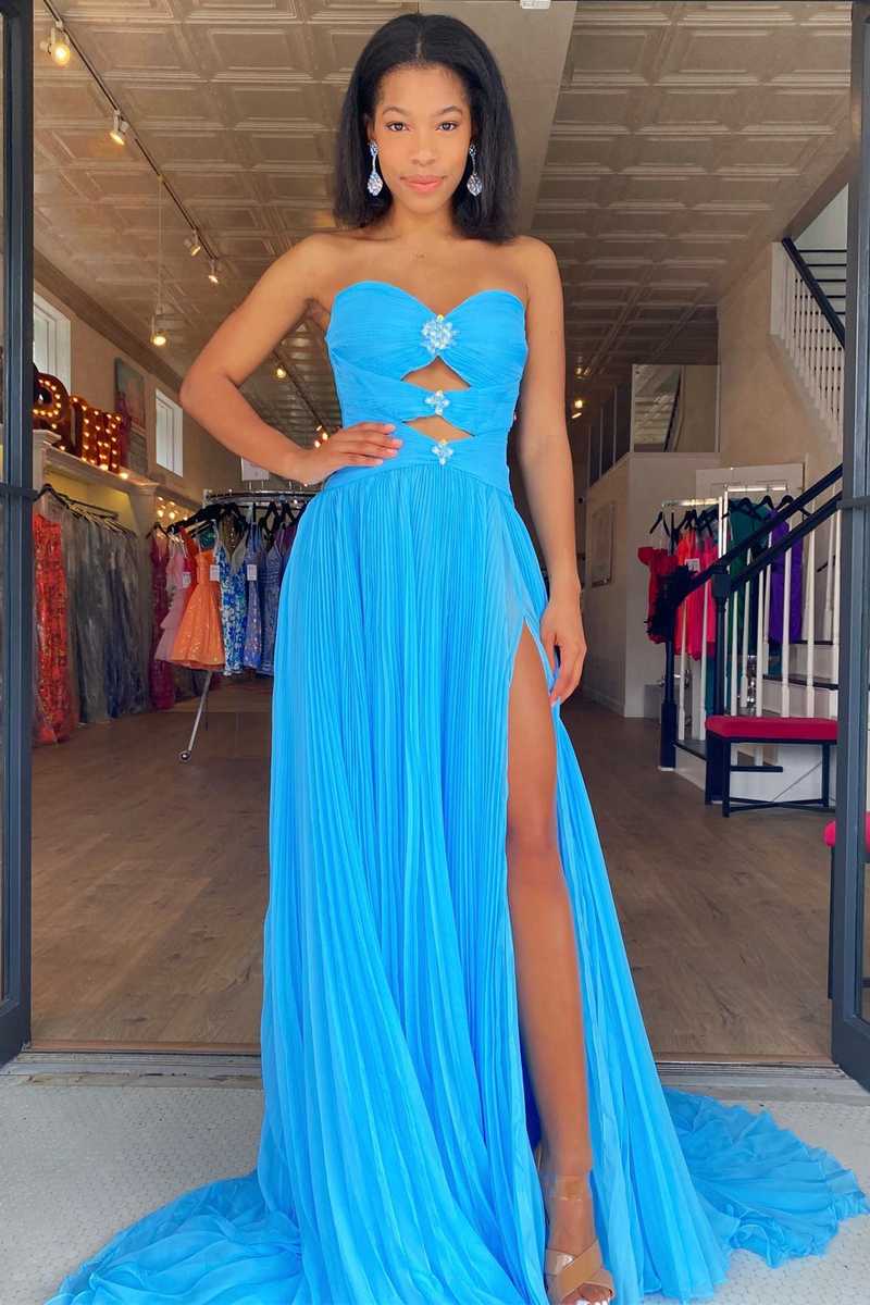 Blue cut out high quality prom dress