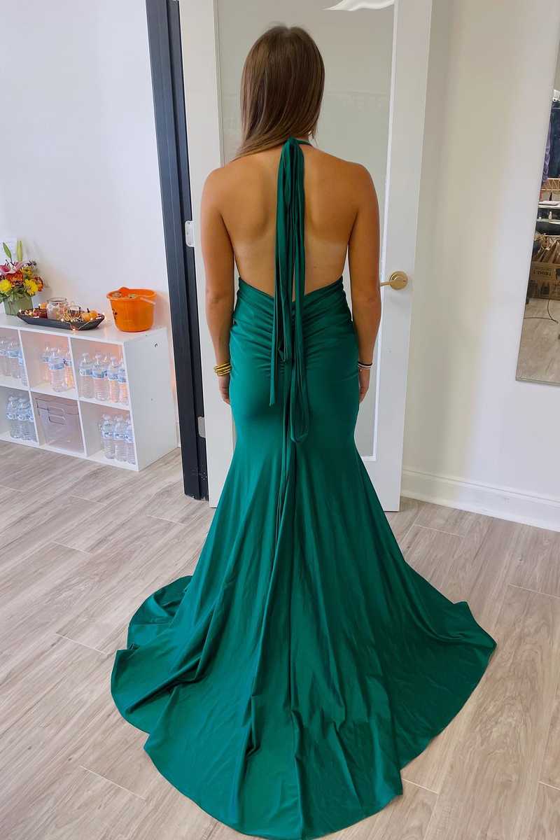 Backless Green Halter Rhched Mermaid Long Prom Dress – FancyVestido