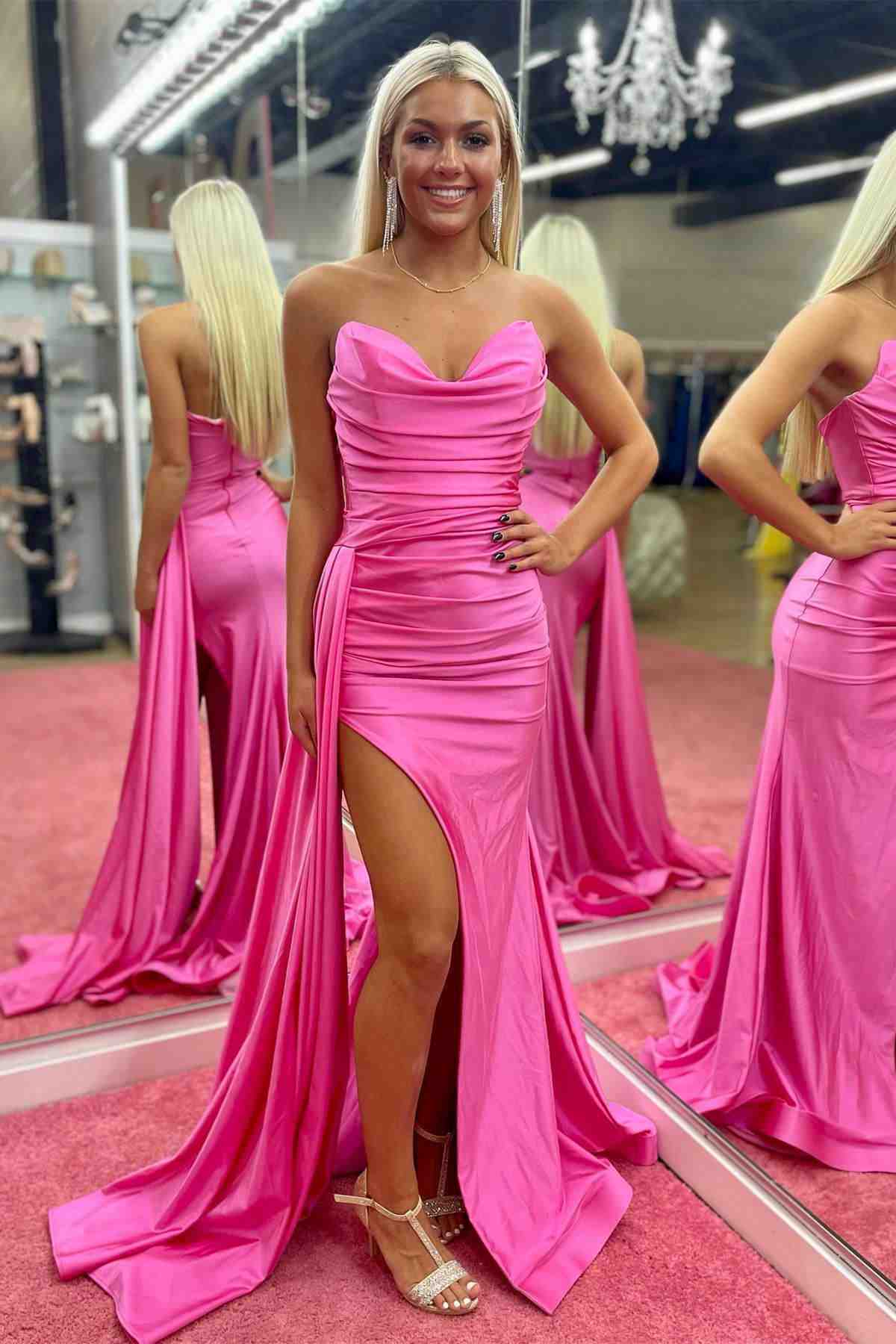 Strapless Hot Pink Pleated Long Prom Dress with Slit – FancyVestido