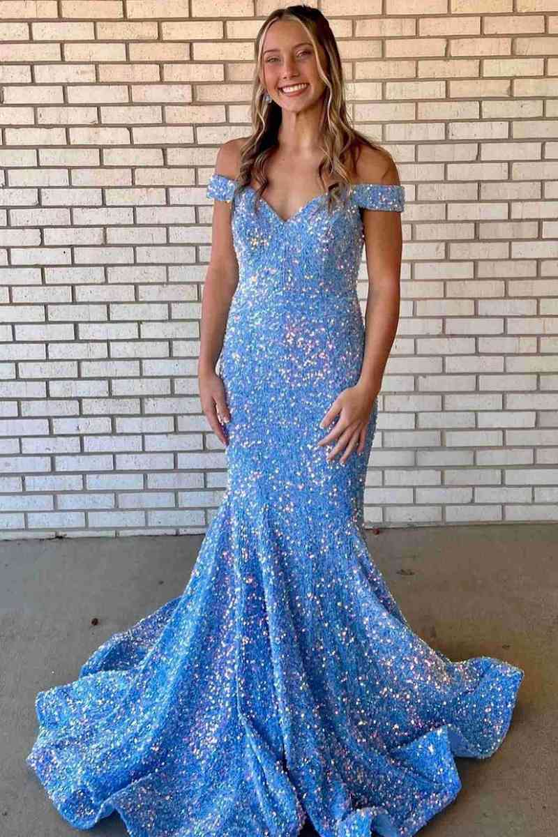 Mermaid Off-the-Shoulder Light Blue Sequins Long Prom Dress – FancyVestido