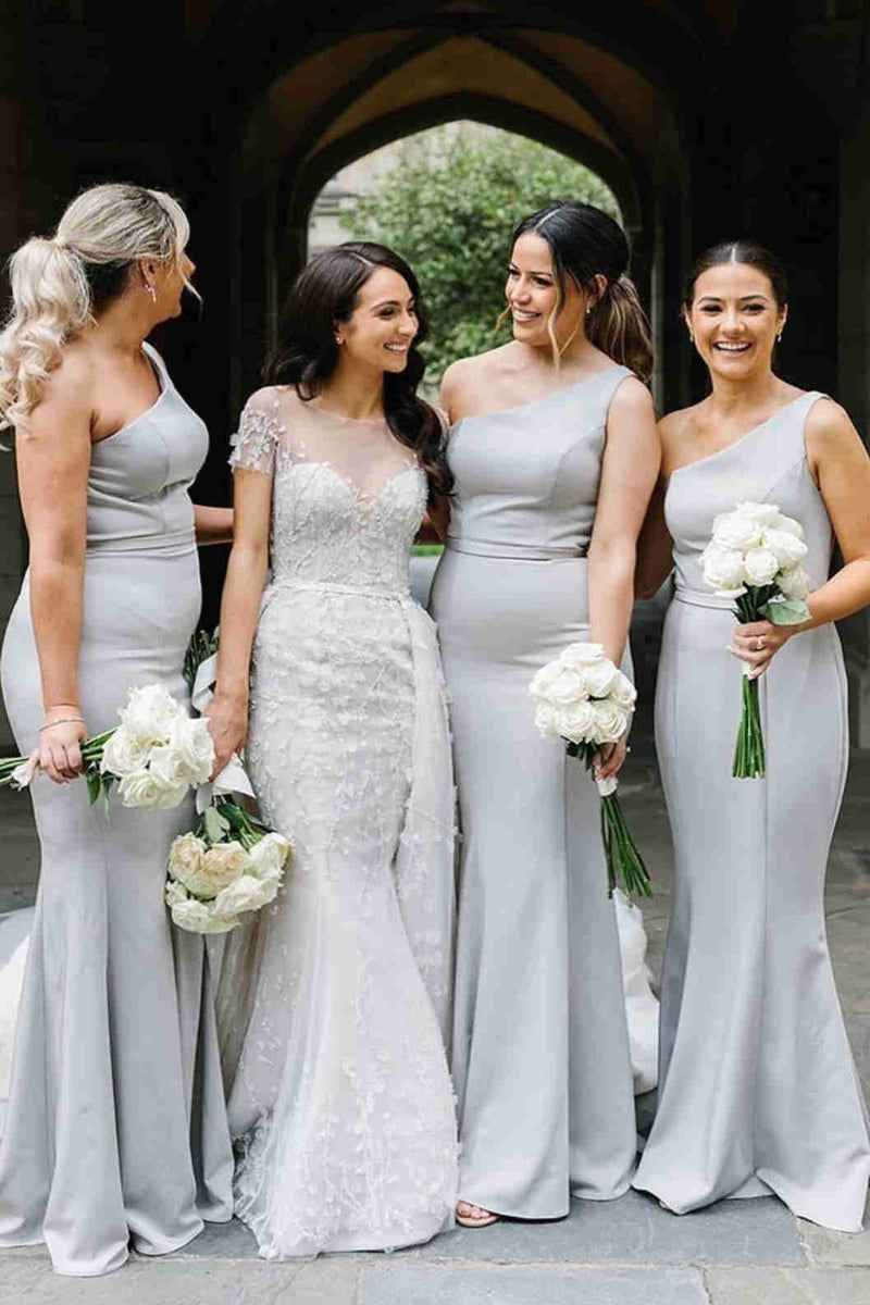 Mermaid Light Grey One Shoulder Long Bridesmaid Dress – FancyVestido