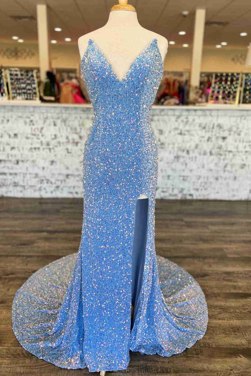 Sweetheart Mermaid Light Blue Sequin Long Prom Dress