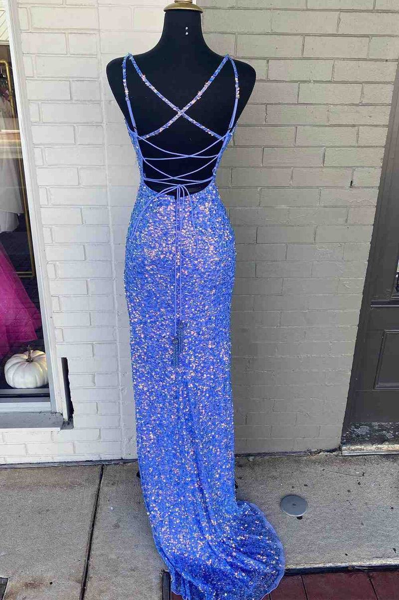 Criss Cross Back Periwinkle Prom Dress with High Slit – FancyVestido
