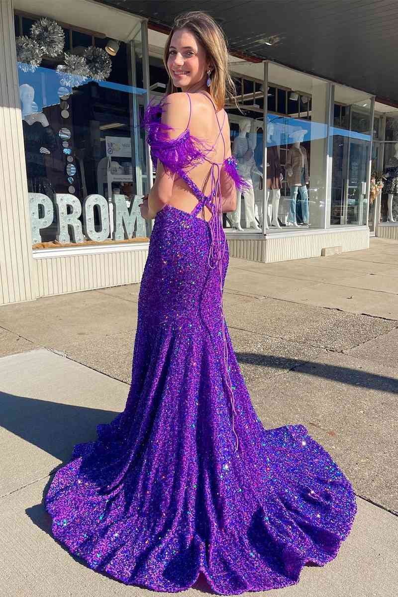 Iridescent Purple Cutout Sequins Long Prom Dress with Feathers –  FancyVestido