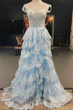 Light Blue Corset Lace Tiered Tulle Long Formal Dress – FancyVestido