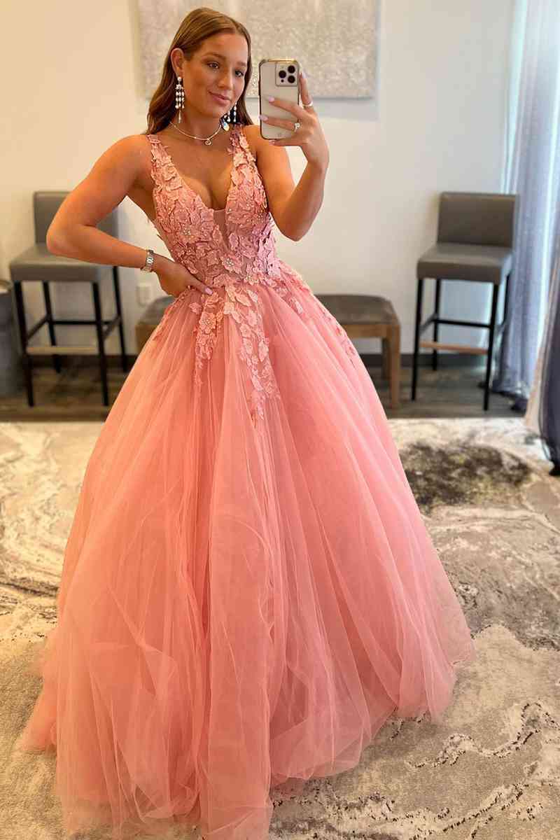 Princess Coral Pink V Neck A Line Long Prom Dress with Appliques FancyVestido