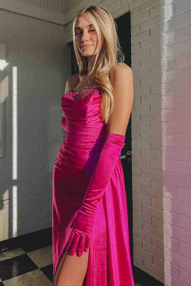 Bexley Fuchsia Mermaid Strapless Satin Prom Dress with bow tie and