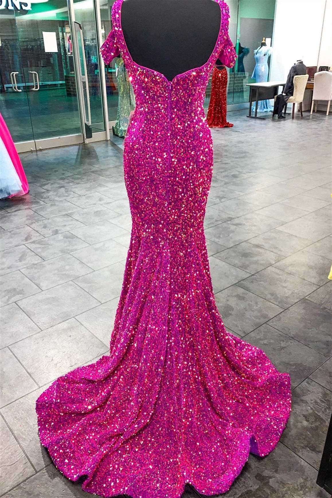 Fuchsia Mermaid Off-the-Shoulder V Neck Sequins Long Prom Dress