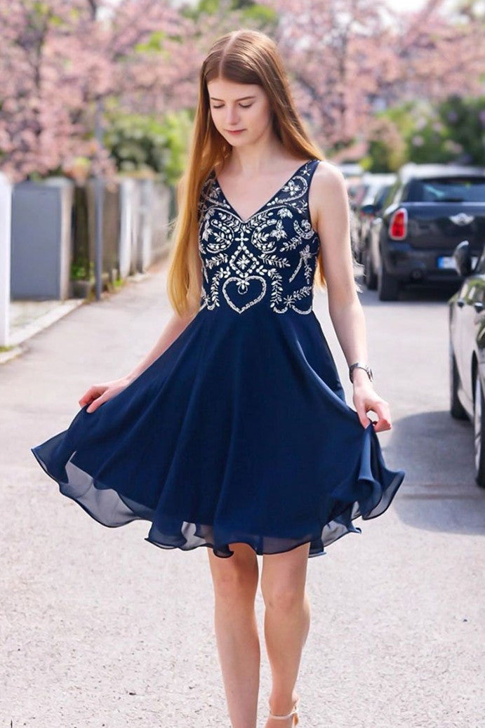 V Neck Beaded Navy Blue Homecoming Dress – FancyVestido